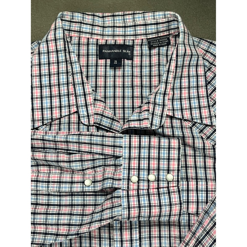 Panhandle Slim Mens 19 38 Western Shirt Poly Cotton Plaid Pink Blue Pearl Snap
